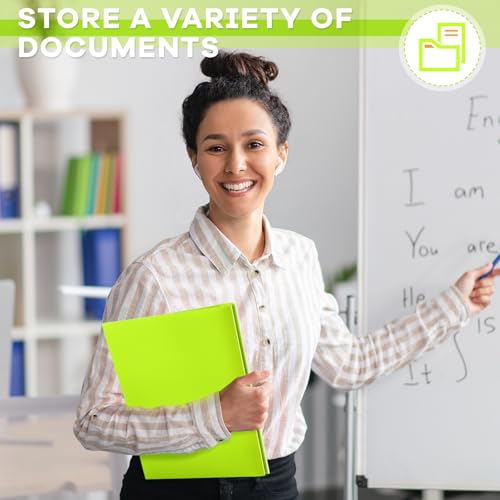 Henoyso 48 Pcs Plastic Folder with Clear Front Pocket and 3 Prongs Heavy Duty Plastic Folders with Card Slot Pocket Folders with Prongs for School Office Home(Fluorescent Green) - color: Fluorescent Green