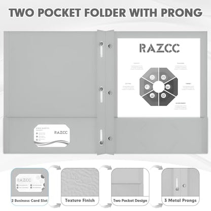 Two Pocket Folders, RAZCC 75 Pack Two Pocket Folders with Prongs, 3 Prong Folders Fit Letter Size Paper, Pocket File Folders for School Office Home Business, Grey - color: Grey