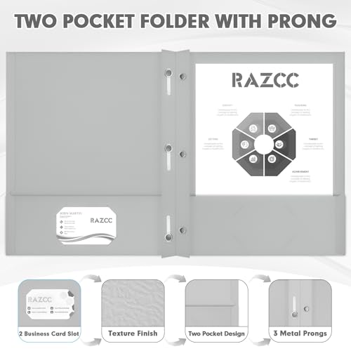 Two Pocket Folders, RAZCC 75 Pack Two Pocket Folders with Prongs, 3 Prong Folders Fit Letter Size Paper, Pocket File Folders for School Office Home Business, Grey - color: Grey