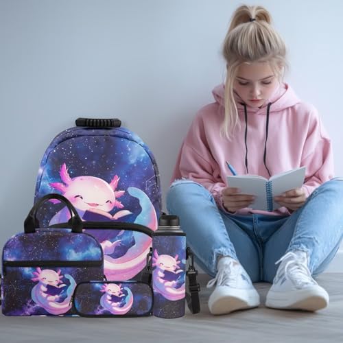 Axolotl Backpack Set, 4 PCS School Backpack with Lunch Box, Pencil Case and Water Bottle Bag, for Elementary Ages 9-12 Boys and Girls Daily Use - color: Reading Axolotl Print