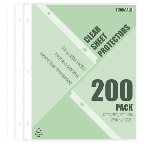 200 Pack Clear Sheet Protectors for 3 Ring Binder, Polypropylene Acid-Free Material, 8.5 x 11 Inch Letter Size, Protector of Your Documents