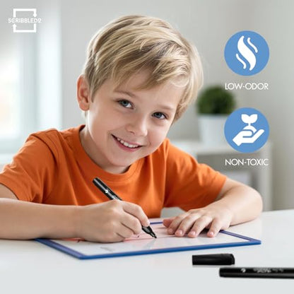 Scribbledo 4 Pack Fine Tip Dry Erase Markers Black Low-Odor Whiteboard Markers with Eraser Cap for Office Meetings Planning Boards & Home Workspace
