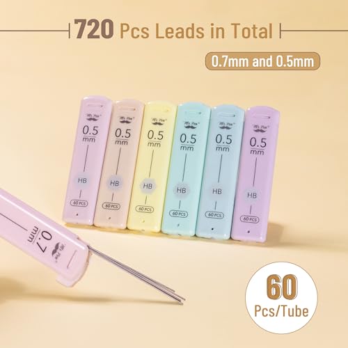 Mr. Pen- 0.5 & 0.7 mm Lead Refills for Mechanical Pencils, 12 Pack, 720 pcs | 60 pcs per Tube, Black, HB & 2B Graphite Lead, Standard Mechanical Pencil Refills for Drawing and Sketching