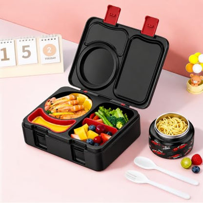 Kids Lunch Box with Thermo, Leakproof Bento Box for Kids with 8OZ Insulated Food Jar, Ice Pack, Sauce Cup, Utensils, Removable Tray & Dividers for School Daycare Travel (Racing cars) - color: Racing cars