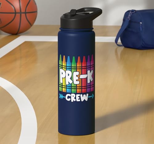 Pre-K Crew Cute Preschool Crayon School Field Day Trip 2025 Stainless Steel Insulated Water Bottle - color: Navy Blue