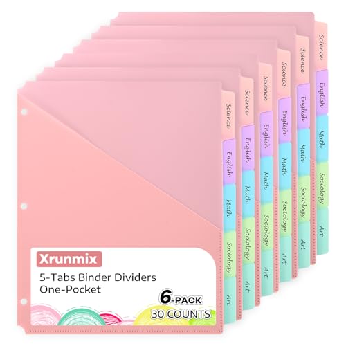 5 Tabs Dividers with One Pockets for 3 Ring Binder, 5 Counts Binder Dividers for US Letter Size, Binder Dividers with Tabs for School Office and Home Organization, 5 Pastel Color (6)