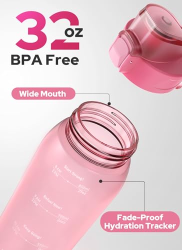 Opard Zip 32oz Plastic Water Bottle Dishwasher Safe, Leakproof Flip-Top Lid, BPA Free Tritan, Wide Mouth Reusable Sports Water Bottle for Gym Hiking Commuting Outdoor Travel and School - color: Sakura Pink, style: 32 Ounces