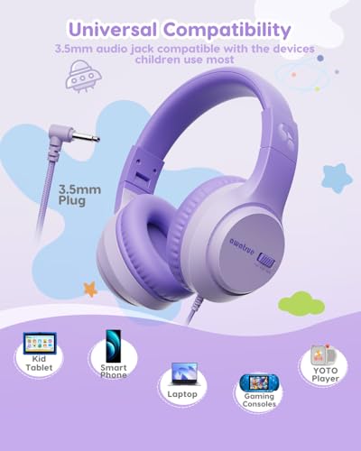 awatrue Kids Headphones, 74/85/94dB Volume Limiter, Foldable Wired Over Ear Headphones for Travel, 3.5mm Jack, Toddler Headphones for School, Chromebook, iPad, Tablet, Purple - color: Purple