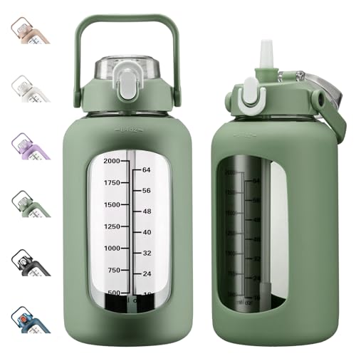 84oz Glass Water Bottle with Straw, 2.5 Liter Large Water Bottle with Silicone Sleeve and OZ Marker, Wide Mouth Gallon Glass Bottle with 2-in-1 Lid, Leakproof Water Jug for Gym Home, Olive - color: Olive, size: 84 Ounces