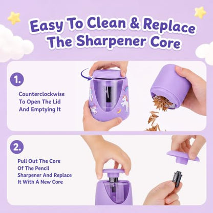 homicozy Electric Pencil Sharpeners for Kids, Cute Small Pencil Sharpener for Home Classroom, Battery Pencil Sharpener Electric Plug in, with Erasers DIY Stickers Note Pad (Purple Battery) - color: Purple Battery