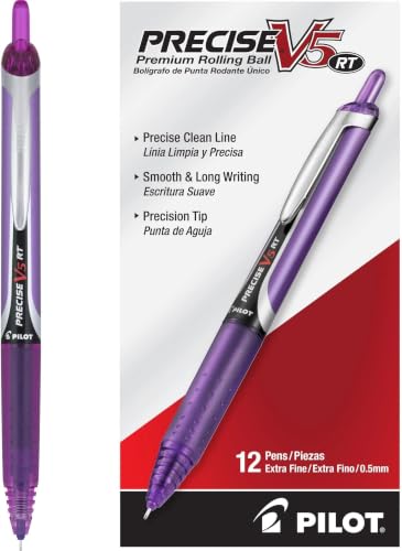PILOT, Precise V5 RT Refillable & Retractable Rolling Ball Pens, Extra Fine Point 0.5 mm, Purple, 12 Count (Pack of 12) - color: Purple, size: 12 Count (Pack of 12)