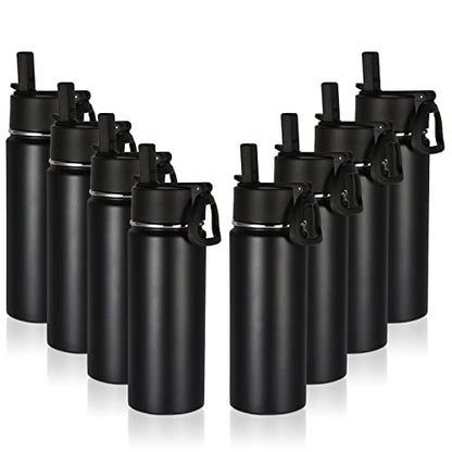 Volhoply 18oz Insulated Water Bottle Bulk 8 Pack,Kids Stainless Steel Water Bottles with Straw Lid,Wide Mouth Reusable Metal Bottle,Double Wall Vacuum Sports Flask For Cold Drink(Black,8 Set) - color: Black