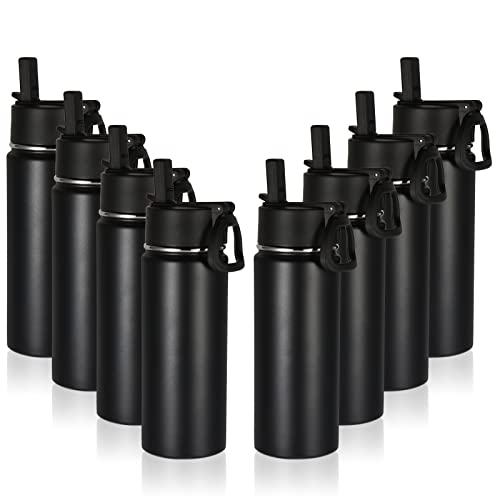 Volhoply 18oz Insulated Water Bottle Bulk 8 Pack,Kids Stainless Steel Water Bottles with Straw Lid,Wide Mouth Reusable Metal Bottle,Double Wall Vacuum Sports Flask For Cold Drink(Black,8 Set) - color: Black