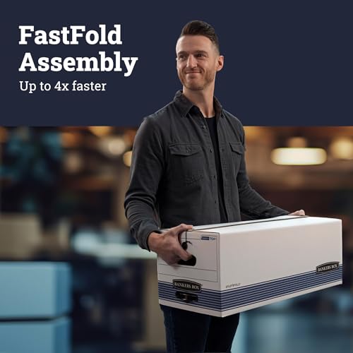 Bankers Box 12-Pack String & Button Medium-Duty File Box, Letter, FastFold | Keep important records buttoned up with secure closure, FastFold setup, reinforced handles, and stackable strength.