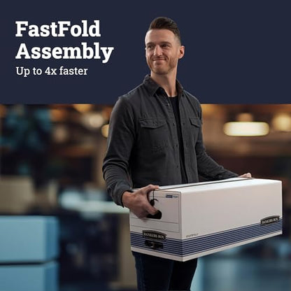 Bankers Box 12-Pack String & Button Medium-Duty File Box, Letter, FastFold | Keep important records buttoned up with secure closure, FastFold setup, reinforced handles, and stackable strength.