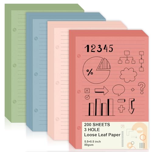 200 Sheets Mini Loose Leaf Paper 5.5 x 8.5 Mini Binder Paper 3 Ring Colored Lined Paper College Ruled 3 Hole Punched Lined Papers Small Notebook Refill Pages Planner Inserts for School Office - style: Lined