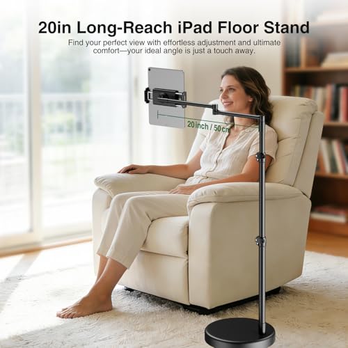 elitehood Heavy Duty Aluminum iPad Stand for Bed with Long Swivel Arm, Floor Tablet Holder for Bed Recliner Sofa, Adjustable iPad Floor Stand Holder, Fits Tablet, Kindle, iPhone and 4.7-13in Devices