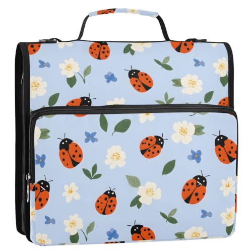 Ladybugs Zipper 3 Ring Binder Bag with Shoulder Strap for School | 2 Inch 3 Ring, Secure Zippered Closure, Organizer Pockets for Classification, Heavy Duty File Organizer - color: Ladybugs Red