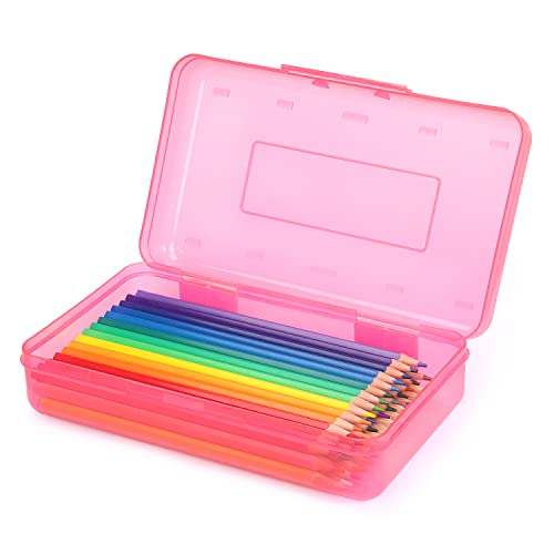 Tamaki 1 Pack Plastic Pencil Box Large Capacity, Pink | Clear Boxes with Snap-tight Lid Stackable Design and Stylish Office Supplies Storage Organizer - color: Pink