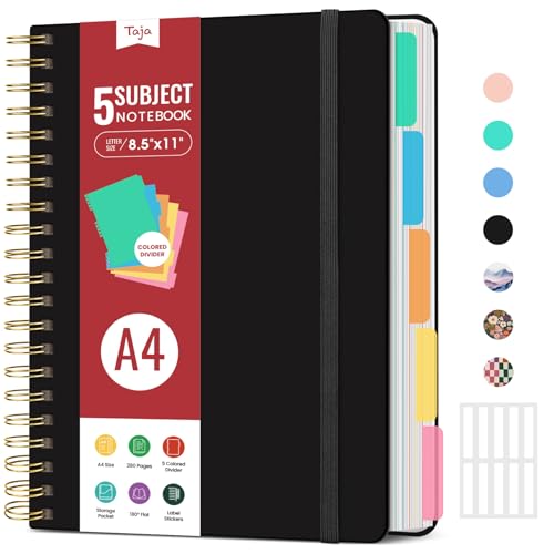Hardcover Spiral Journal Notebooks for Work With Removable Dividers & Tabs, 8.5"x11" 5 Subject Notebook for Note Taking & Organizer, A4 College Ruled Lined Journal for Women & Writing, Black, 280 Pages - color: C-Black
