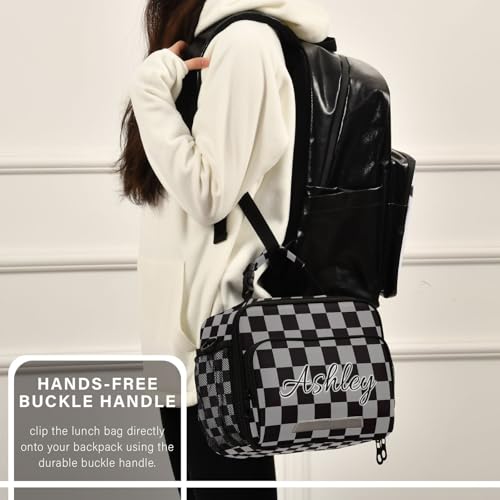 Custom Student Lunch Bag for Boys Girls Gray Black Checkered Personalized Lunch Box With Name Insulated Cooler Bag for School Picnic Travel - color: Multi19