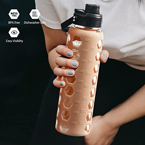 MUKOKO 24oz Glass Water Bottle, Amber | Glass Tumbler with Straw, Drinking Bottles with 2 Lids-Handle Spout Lid & Bamboo Straw Lid, Silicone Sleeve, 1 Pack - color: Amber, size: 24 Ounces