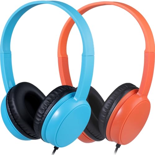 Wired Headphones Bulk 2 Pack for Classroom School, 3.5mm Pulg, Lightweight, Sturdy Headsets for Kids Students and Adults (Orange & Light Blue) - size: 2 Pack