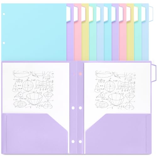 12 Pack Pastel Plastic Pocket Folders with 3 Hole & Tabs, 2 Pocket File Folders for Letter Size Paper, Heavy Duty for School & Office Organization - style: 3 Hole Punched Style