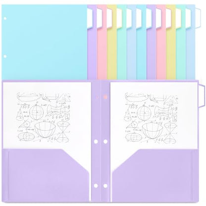 12 Pack Pastel Plastic Pocket Folders with 3 Hole & Tabs, 2 Pocket File Folders for Letter Size Paper, Heavy Duty for School & Office Organization - style: 3 Hole Punched Style