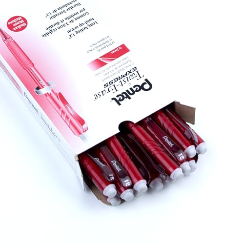 Pentel Twist Erase EXPRESS Automatic Pencil, 0.7mm Lead Size, Red Barrel, Box of 12 (QE417B) - color: Red, size: 12 Count (Pack of 1)