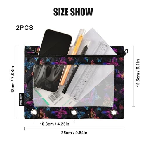 Binder Pencil Pouches Neon Color Butterflies Pen Case | Clear Window 3 Rings, Cosmetic Bags School Office Supplies Cosmetic Makeup Bag 2 Psc - color: Neon Color Butterflies