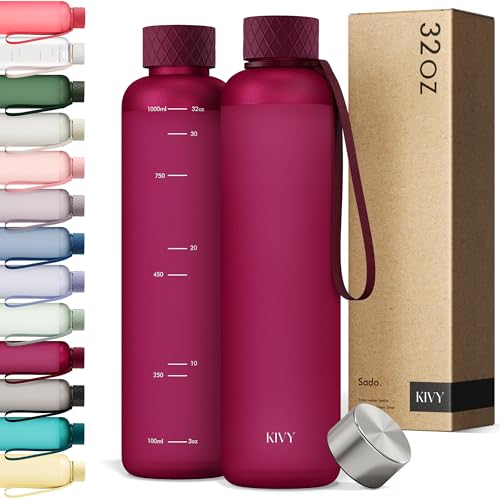 KIVY Slim Water Bottle 32oz [Lightweight & Shatterproof] Fits Backpack & Cupholder for Travel, Sports, School, Gym - Frosted red bottle no straw - Gym water bottle screw top - Dishwasher Safe - color: 03 Dark Ruby, size: 32 Ounces