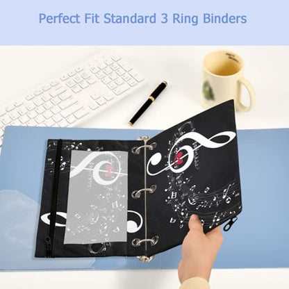 2 Pack Chic Treble Clef in Heart Notes Black 3 Ring Binder Pencil Pouch Bags,Clear Window Storage Case with Zipper for Boys Girls School Office Supplies Cosmetics Organizers