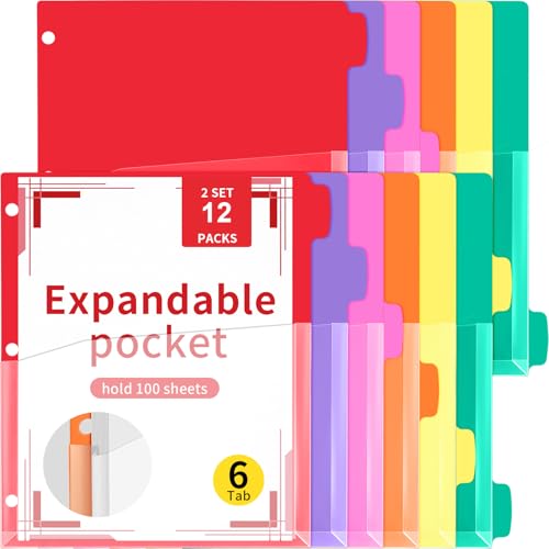 Chuangdi 12 Pack 6-Tab Expanding Binder Dividers with Clear Pockets, Letter Size Plastic Dividers for 3 Ring Binder, 6 Assorted Colors Writable Tabs Office Document Organizer(Colourful) - color: Colourful