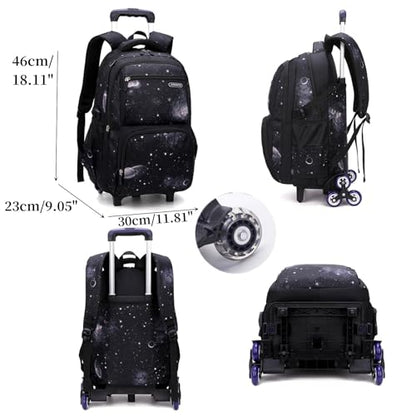 Boys Rolling Backpacks Kids'Luggage Wheeled Backpack for School Kids Trolley Bags Space-Galaxy Roller Bookbag on 2 Wheels - color: Black Blue-starry Sky, style: 2 Wheels+backpack