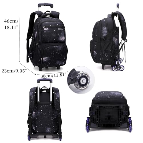 Boys Rolling Backpacks Kids' Luggage Wheeled Bags Kids Trolley School Bags Fashion Space Starry Sky Printed Durable Bookbag - color: Blue-space, style: 2 Wheels+backpack