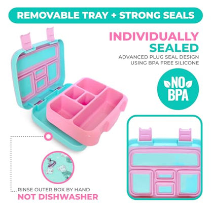 Kinsho Bento Lunch Box for Kids Toddlers, 5 Portion Control Sections, BPA Free Removable Plastic Tray, Pre-School Kid Toddler Daycare Lunches, Snack Container Ages 3 to 7 (Aqua Cat Mermaid) - color: Aqua Pink Cat Mermaid Bento