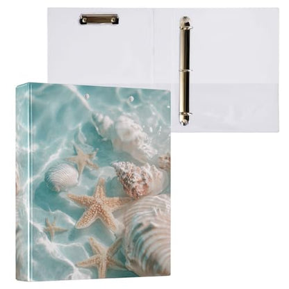 Blue Beach Seashells and Starfish Binder 3 Ring 1.5 Inch Binder with Clipboard&Pockets, Hardcover Binders Heavy Duty Large File Folder for Office School Supplies - Holds 200 Sheets - color: Beach Seashells and Starfish, size: 1 Pack-12.4x10.63in