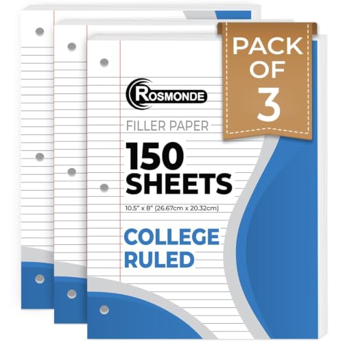 Rosmonde Loose Leaf Paper, 450 Sheets, 3 Pack, College Ruled Paper, 8" x 10.5", Bulk Office Filler Paper, 3 Hole Punched, 150 Sheets/Pack, 56 gsm Paper, College Ruled Notebook Paper for Binder, White - color: College Ruled, size: 3 Pack (450 Sheets)