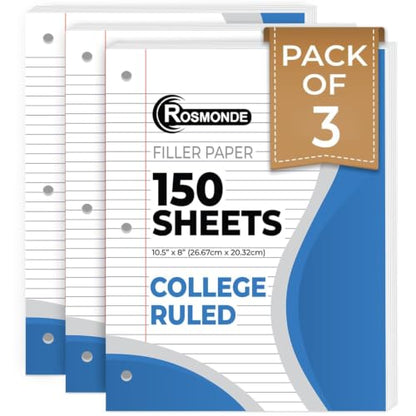Rosmonde 450 Sheets Loose Leaf Paper, 3 Pack, College Ruled Filler Paper | Bulk Office Filler Paper, 8" x 10.5", 3 Hole Punched, 150 Sheets/Pack, College Ruled Notebook Paper for Binder, White - color: College Ruled, size: 3 Pack (450 Sheets)