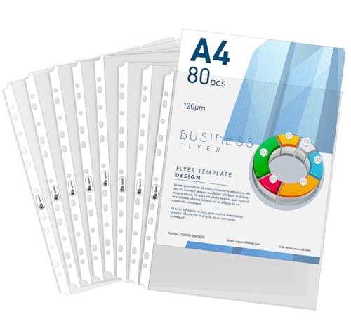 Agoer 80 Clear Sheet Protectors for Binders,Heavyweight A4 Punched Pocket with Sticky Tabs,120 Micron Acid Free Binder Sleeves Reinforced 11-Hole,Top Loading Plastic Dividers for Documents,Photos - color: Clear-80 Pack-reinforced 11-hole