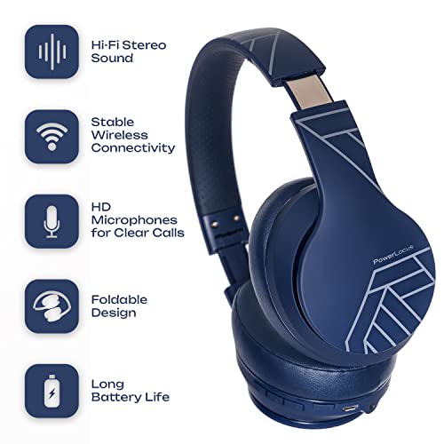 PowerLocus Wireless Bluetooth Over Ear Headphones with Microphone, 50H Playtime, HiFi Stereo Sound, Deep Bass, Soft Earmuffs, Foldable Lightweight Headphones for Travel/PC/Cell Phone - color: Blue