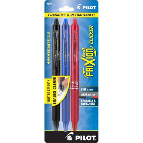 PILOT FriXion Clicker Erasable, Refillable & Retractable Gel Ink Pens, Fine Point, Black/Blue/Red Inks, 3-Pack (31467) - color: Assorted