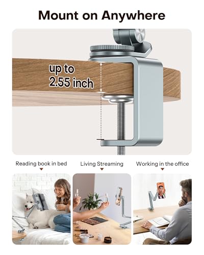 OMOTON GH03 Tablet Holder with 2 ABS Clamps, Aluminum Long Arm Mount, Grey | C-Clamp Base with 360°Rotation Fits Desk, Bed, Side Cabinet, Kitchen, Adjustable Tablet Stand for 4-13" iPad Pro/iPhone - color: Grey