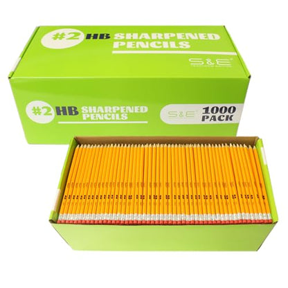 S & E TEACHER'S EDITION 1000 Count Pre-sharpened #2 Pencils with Erasers – Bulk Yellow Woodcase HB Lead Pencils for School Districts, Testing Centers, Churches & Offices – No.2 Pencil Case Pack