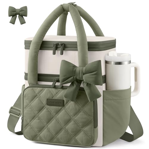 LOVEVOOK Insulated Lunch Bag Women,Expandable Double Deck Adult Lunch Box Women with Cup Holder,Bow Quilted Puffer Lunch Tote,Large Leakproof Collapsible Cooler Bag for Work College Picnic Meal Prep - color: Green with Off White, size: X Large —22L