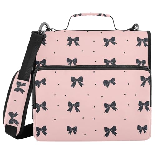 Black Bow Dot Pink Zipper Binder with Shoulder Strap Trapper Keeper 3 Ring Binder Organizer Large Capacity Multiple Compartments for School Office - color: Black Bow Dot Pink