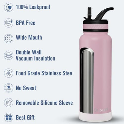 OLDLEY 40 oz Insulated Water Bottle With Straw, Stainless Steel Sports Water Cup Flask with 3 Lids(Straw, Spout and Handle Lid) Double Walled Travel Thermal Canteen Mug,Lavender Mist - color: Lavender Mist, size: 40 Ounces