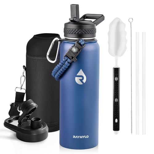 RAYMYLO Insulated Water Bottle 40 oz, Triple Wall Vacuum Stainless Steel (Cold for 36Hrs, Hot for 18Hrs), Leak Proof & Non-BPA, Modern Water Flask Jug with Paracord Handle & Straw Spout Lids - color: Dark Blue, size: 40 Ounces