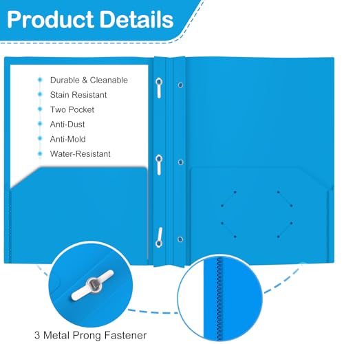 Heavy Duty Plastic Folder, 60 Pack, Pocket Folder with brads, Letter Size Poly File, Plastic Folders with 3 Prongs Fasteners - Sky Blue - color: Sky Blue, size: 60 PACK